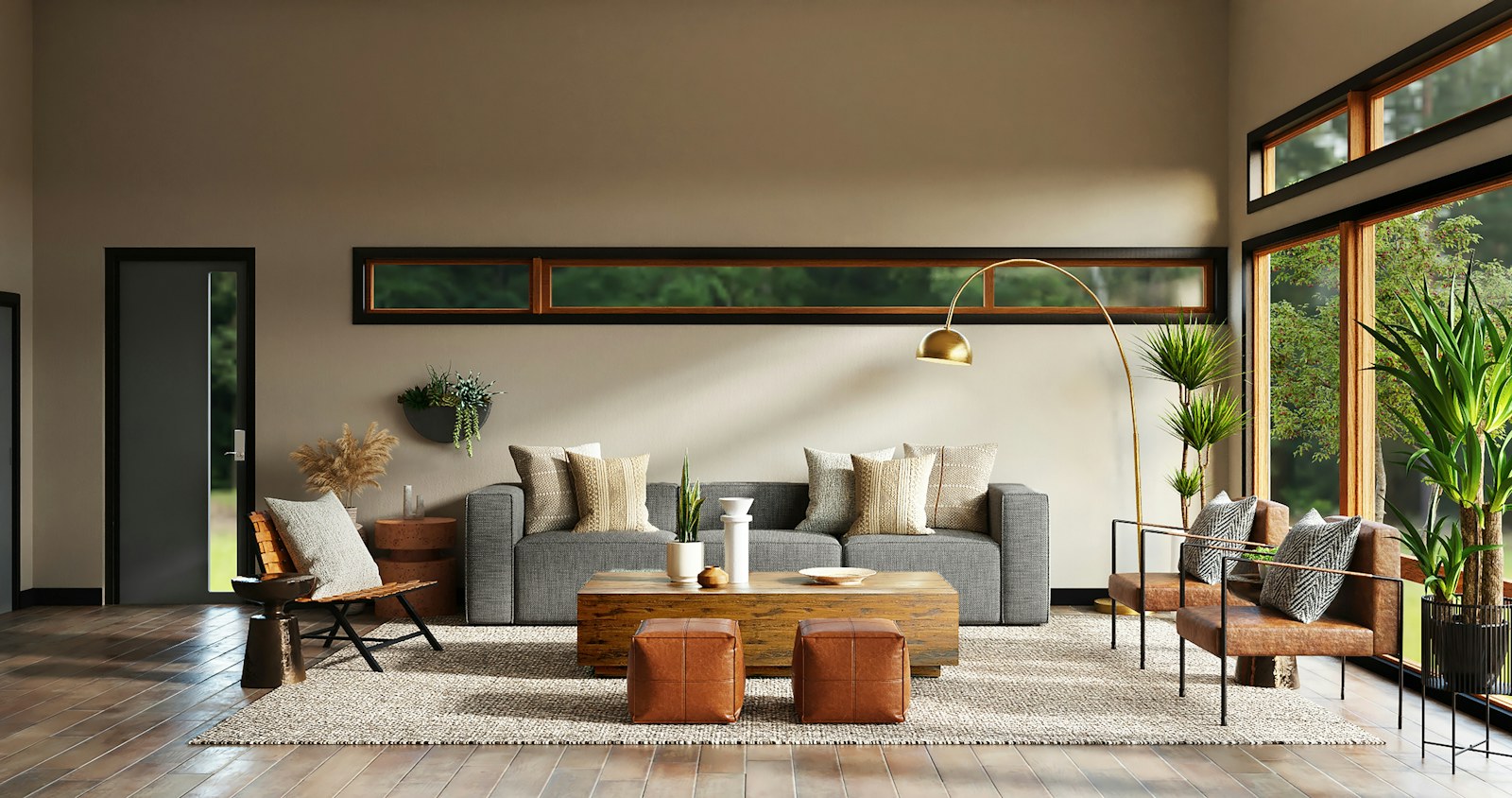 A warm living room with natural timber, soft seating and space to gather