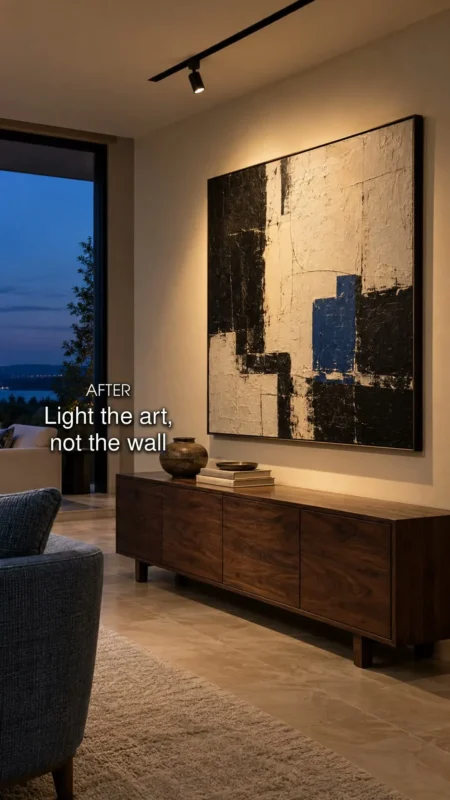 A ceiling spotlight directed at abstract art above a sideboard.