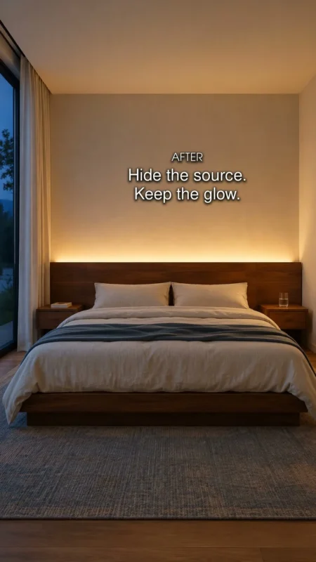 A bedroom with soft concealed light washing the wall above a walnut headboard.