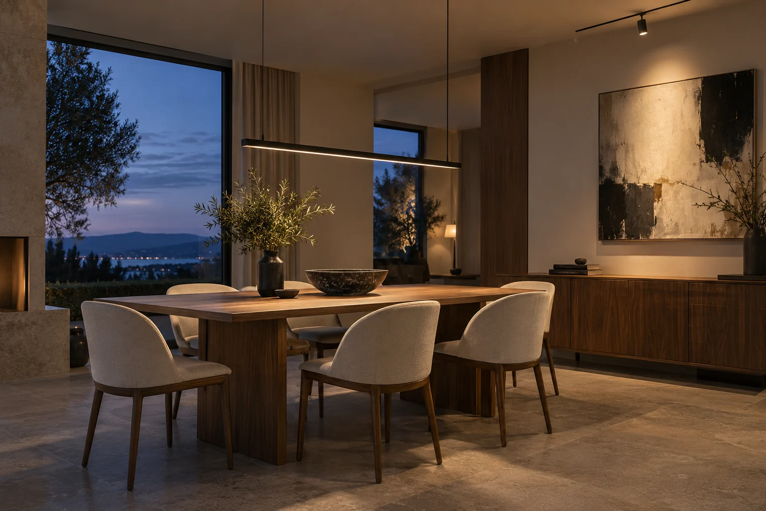 Illustrative dining room at dusk with a slim pendant lighting the walnut table and a ceiling spotlight directed towards abstract art.