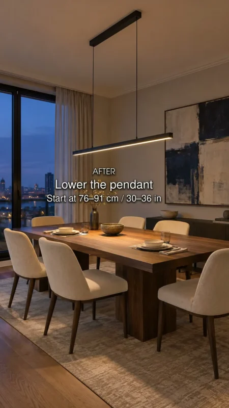 A slim pendant lowered above a dining table; the reel gives a starting range of 30 to 36 inches above the tabletop.