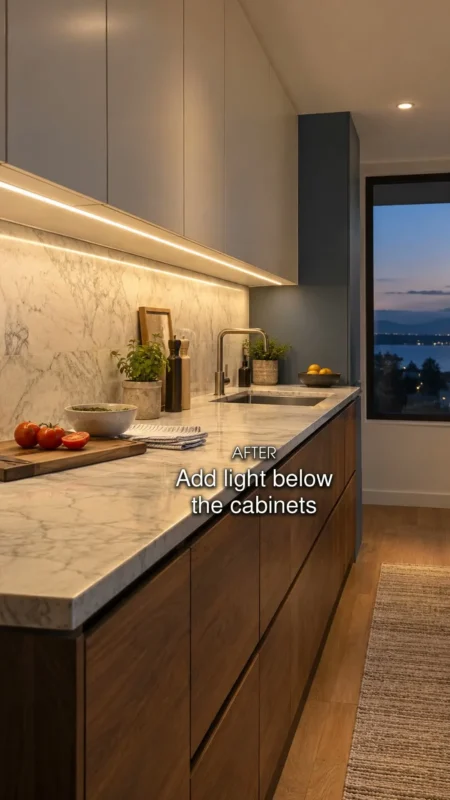 Continuous under-cabinet light illuminating a kitchen worktop.